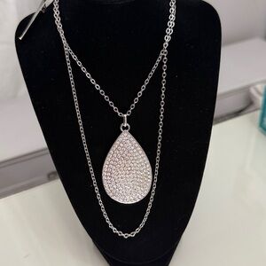 White House Black Market Silver Necklace with Crystal Teardrop